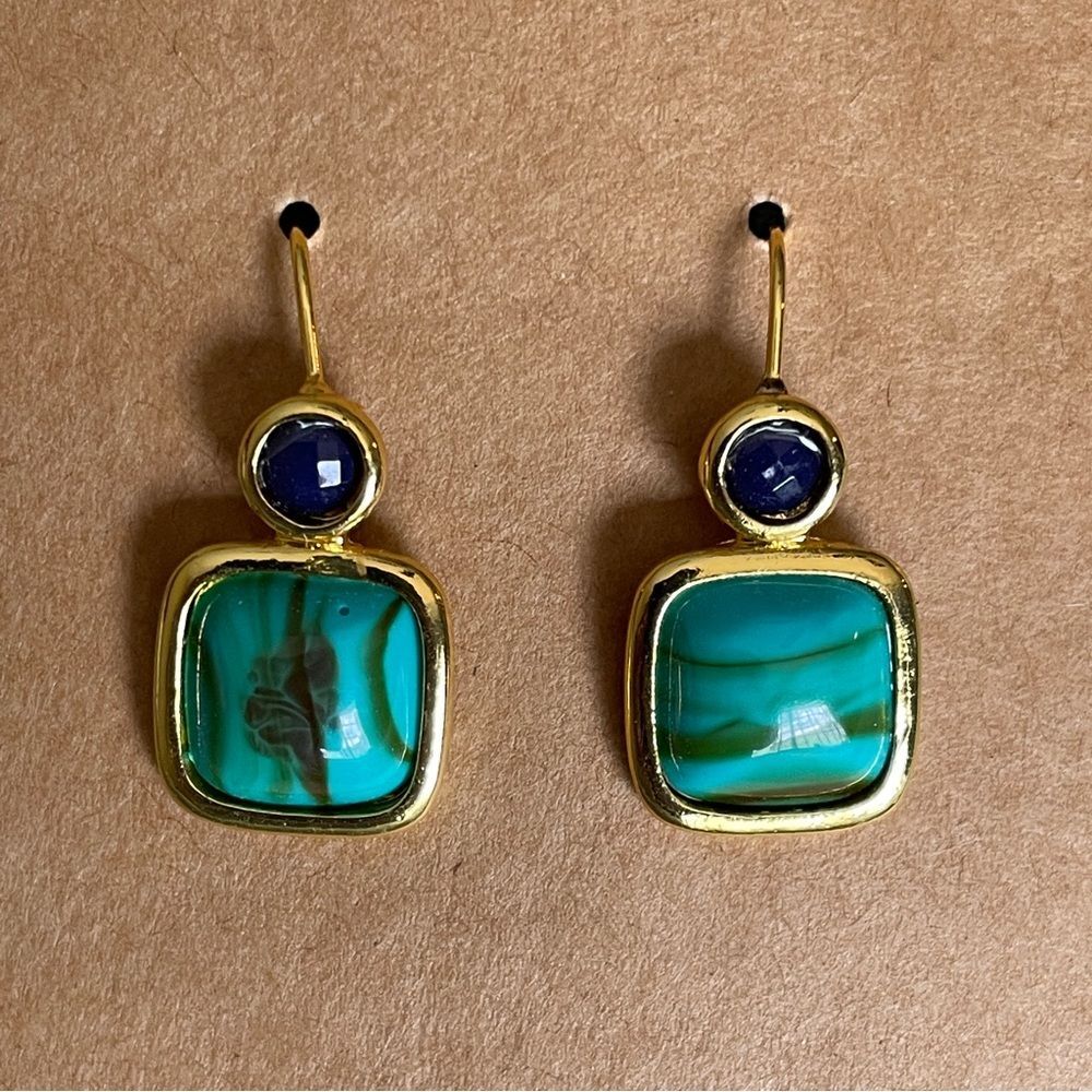 Turquoise, navy, gold costume earrings.